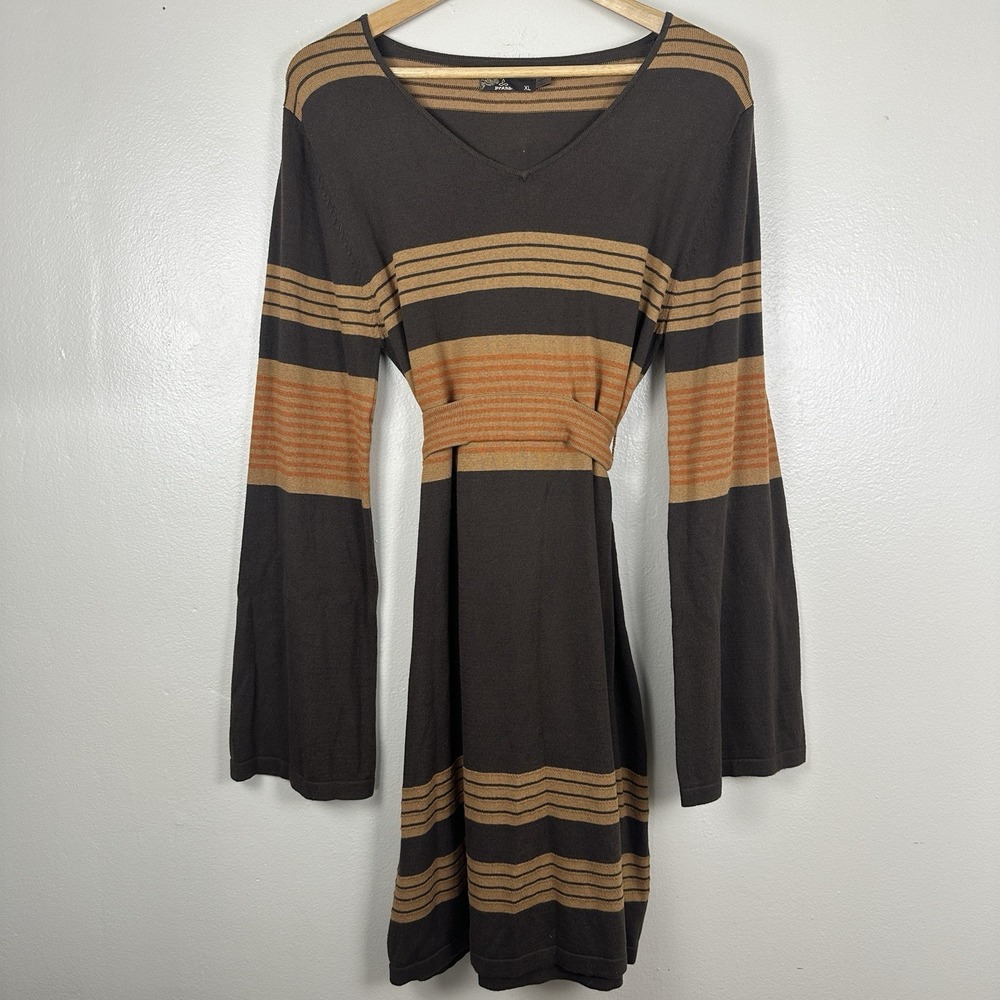 PrAna Women's XL Sydney Bell Sleeve Striped Belted Sweater Dress Brown
